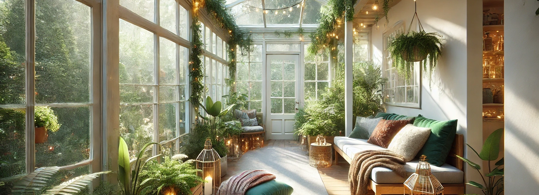 Jardin d'hiver dans une vérandah lumineuse avec plantes, coussins et décorations chaleureuses